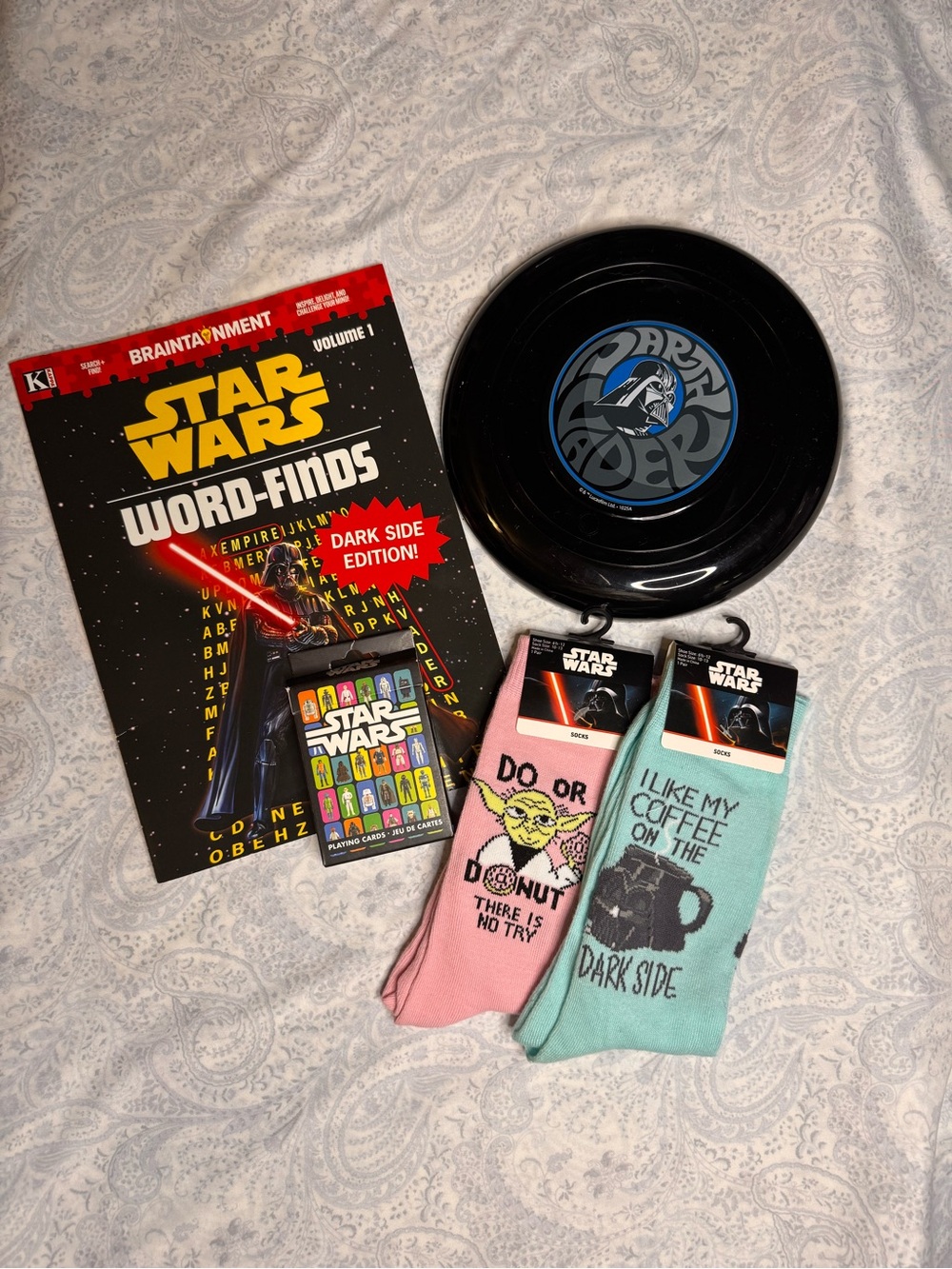 Star Wars Teen/Adult Bundle- 2 PairCrew Socks, Frisbee, Cards & Word Search Book